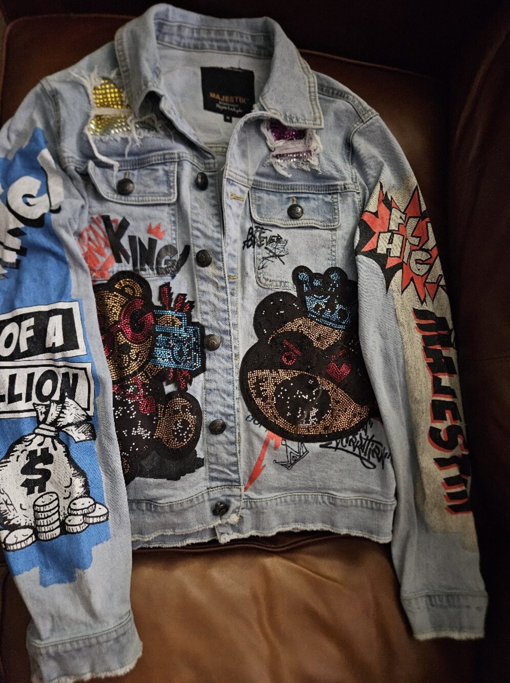 Majestik Streetwear Jacket M Light Wash Embellished Rhinestone Patches Studded